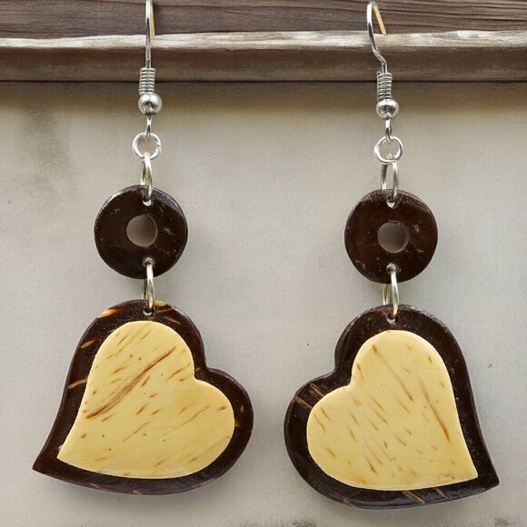 Two Tone Wood Heart Earrings - Picture 1 of 5